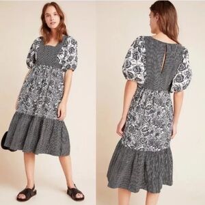 Bloominprint Anthropologie Adrienne Midi Dress Size 0 Puff Sleeve B&W NEW!